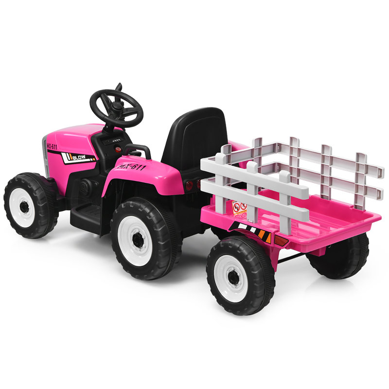 Costway 12v Kids Ride On Tractor With Trailer Ground Loader W Rc Lights Pink Pink